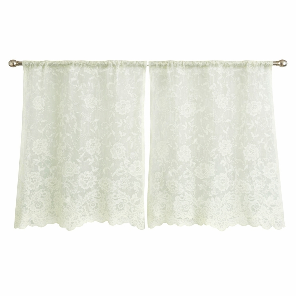 Vintage White Lace Curtain Panel Floral Sheer 57” x 34” Cottage Core. Set Of 3